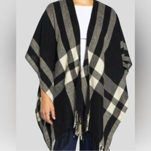 Three Dots Cashmere Blend Wrap Poncho Fringes Black Erin Plaid, Black/Cream OS